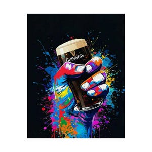 May include: A colorful illustration of a hand holding a pint of Guinness. The hand is painted with vibrant colors, and the background features paint splatters. The Guinness logo is visible on the glass.