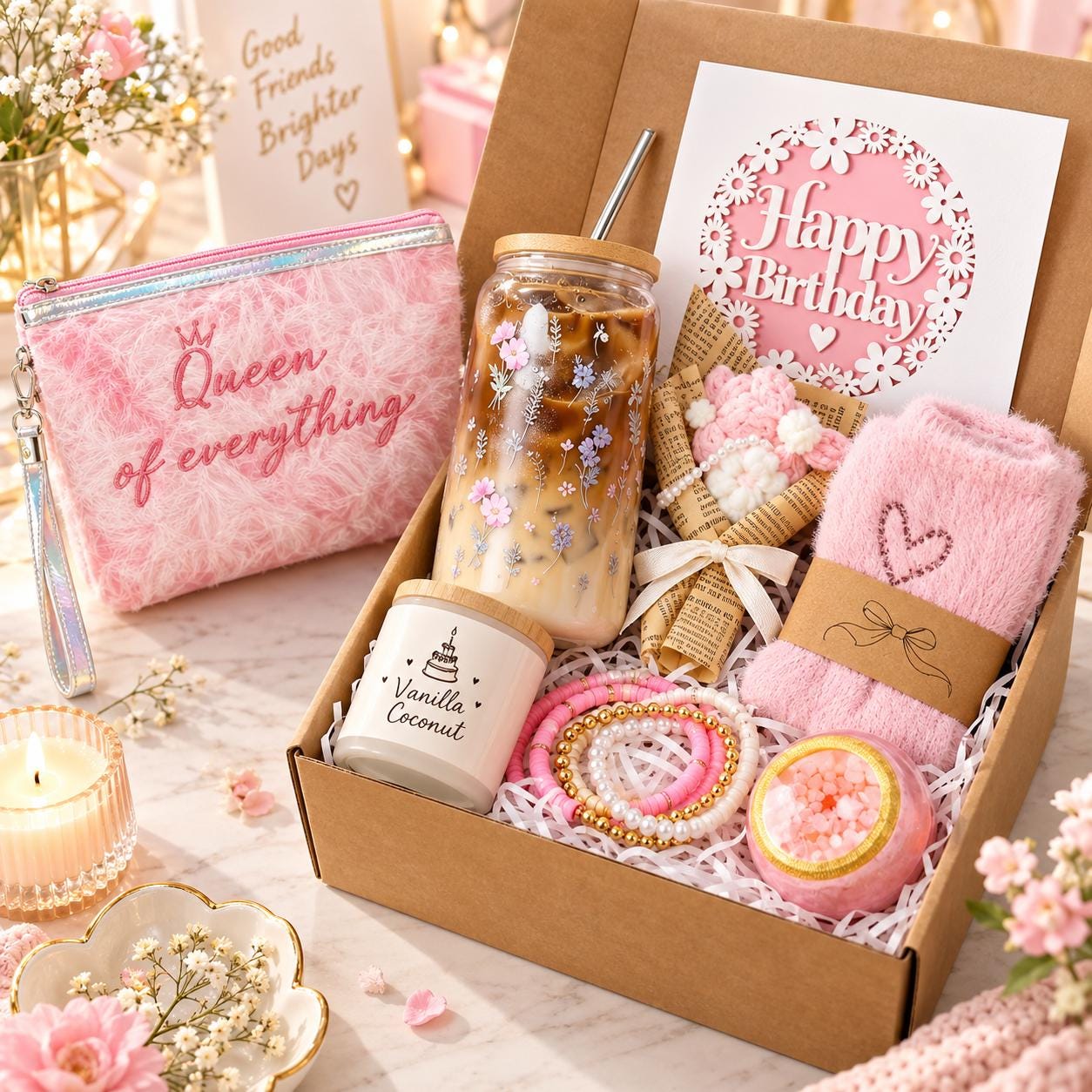 Birthday Gift Box for Her, Pink Self Care Gift Basket, Spa Gift for Women Teen Girl Birthday Gift, Best Friend Sister Daughter Sweet 16 Gift