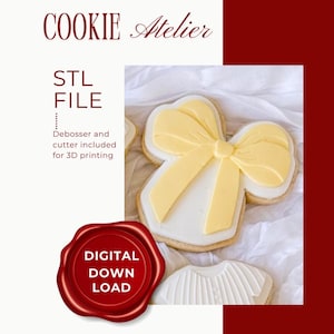 May include: A digital download listing for a cookie cutter and debosser STL file. The image features a light yellow bow-shaped cookie with white icing and text that reads COOKIE Atelier, STL FILE, Debosser and cutter included for 3D printing.