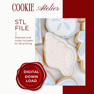 Puede incluir: Imagen de galletas con forma de concha marina con glaseado blanco y chispas perladas. Las galletas forman parte de un archivo STL para impresión 3D, con un grabador y cortador incluidos. Un sello de cera rojo dice "DESCARGA DIGITAL".