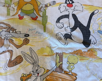 Vintage 1977 Warner Bros Flat Twin Sheet - Bugs Bunny, Taz, Tweety, Sylvester, Roadrunner