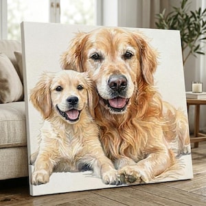 Peut inclure: Une impression sur toile représentant une illustration aquarelle détaillée d'un golden retriever adulte et d'un chiot golden retriever couchés côte à côte. Les deux chiens ont un pelage doré clair, des yeux sombres et la gueule ouverte.