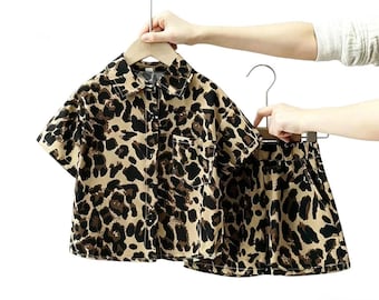 Leopard Print Kids Outfit, Toddler 2-Piece Shirt & Shorts Set, Summer Cotton Baby Clothes, Neutral Gender