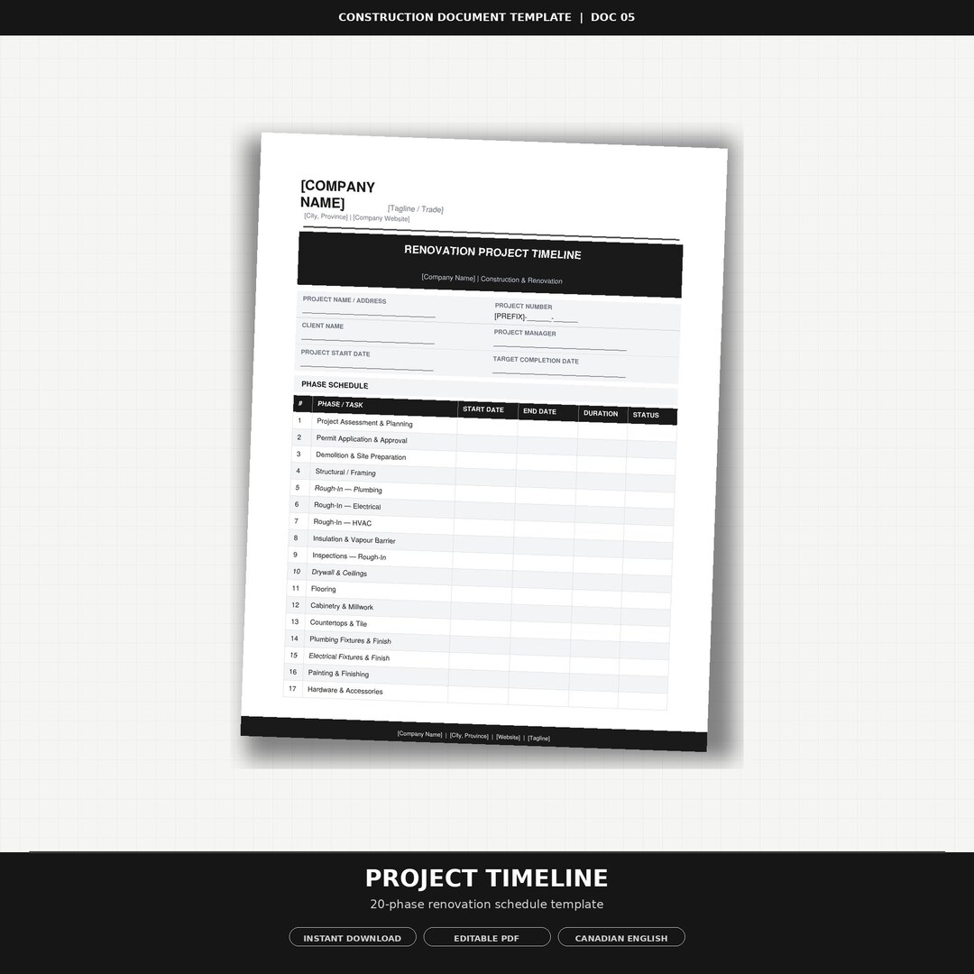 Renovation Project Timeline Template | 20-phase Schedule | Contractor ...