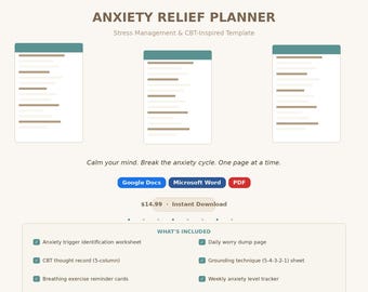 Anxiety Relief Planner | CBT Thought Record, Stress Tracker (Digital Download)