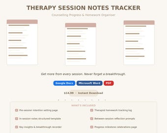 Registro de notas de sesiones de terapia / Seguimiento del progreso del asesoramiento, registro de tareas (Google Docs, Word, PDF)