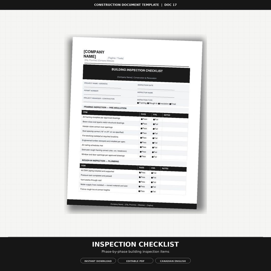 Interior Railing Inspection Form Building Inspection Checklist | Framing Rough-in Final | Editable PDF ...