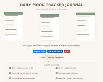 Daily Mood Tracker Journal | Mental Health Emotion Log (Google Docs, Word, PDF)