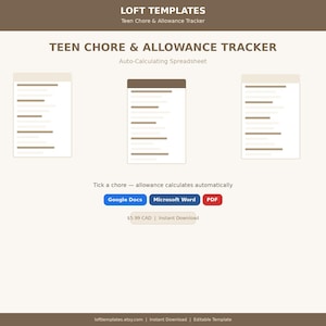 Puede incluir: Plantilla digital para un Teen Chore & Allowance Tracker. El diseño presenta tres hojas de cálculo simuladas con una combinación de colores marrón claro y blanco. El texto incluye "Teen Chore & Allowance Tracker" y opciones para Google Docs, Microsoft Word y PDF.
