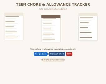 Planificador de pago para tareas domésticas de adolescentes: hoja de cálculo con cálculo automático (Excel, Google Sheets)