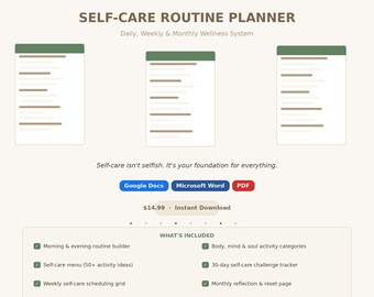 Self-Care Routine Planner | Daily Weekly Monthly Wellness System (Instant Download)
