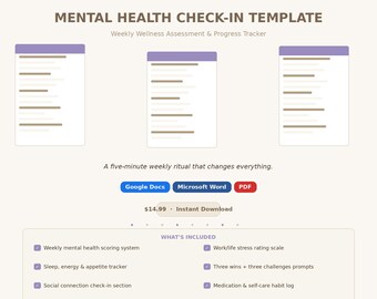 Mental Health Check-In Template | Weekly Wellness Tracker (Google Docs, Word, PDF)