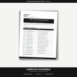 May include: A complete project management bundle document template. The document includes 18 professional construction documents. The template is available for instant download and is an editable PDF.