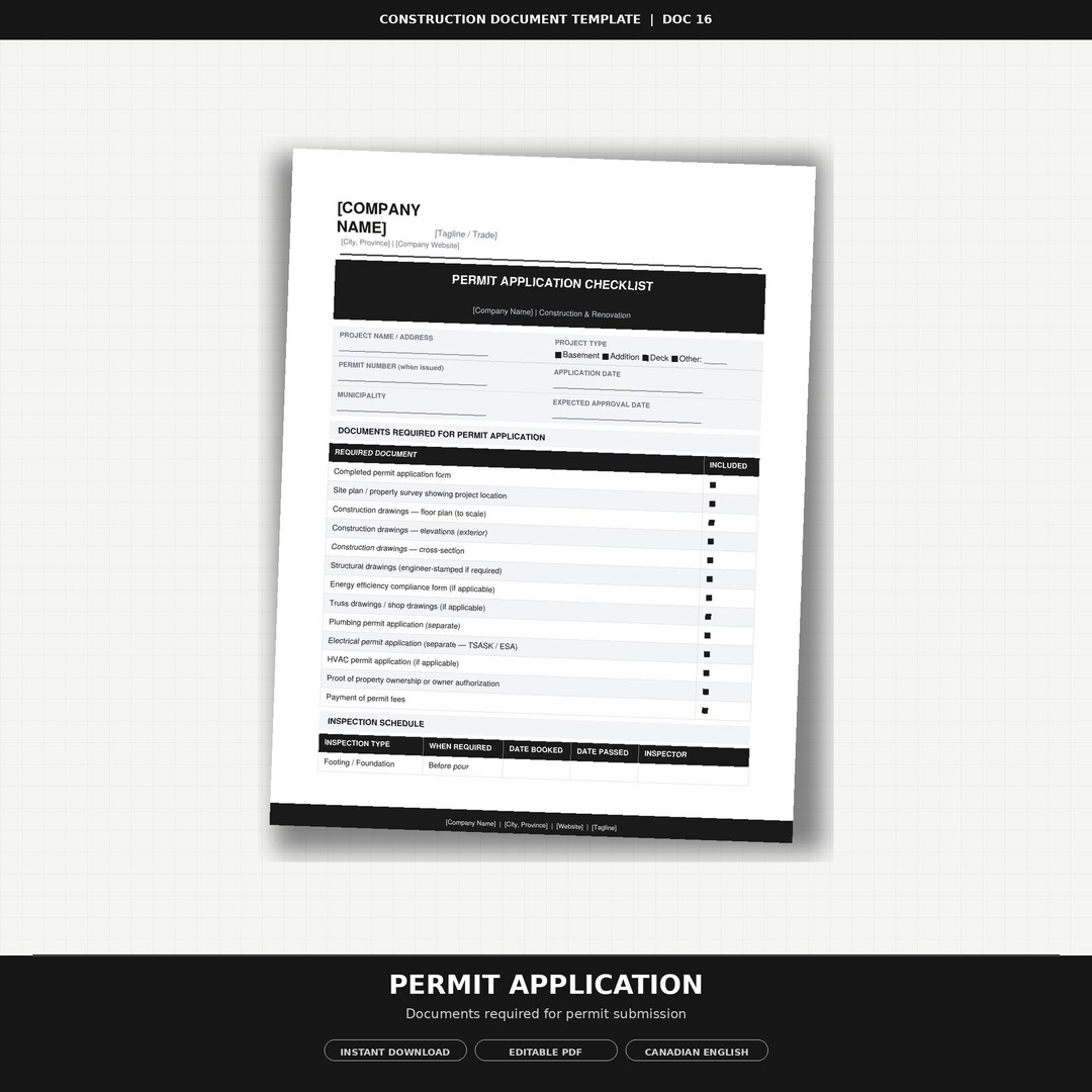 Permit Application Checklist | Construction | Canadian | Editable PDF ...