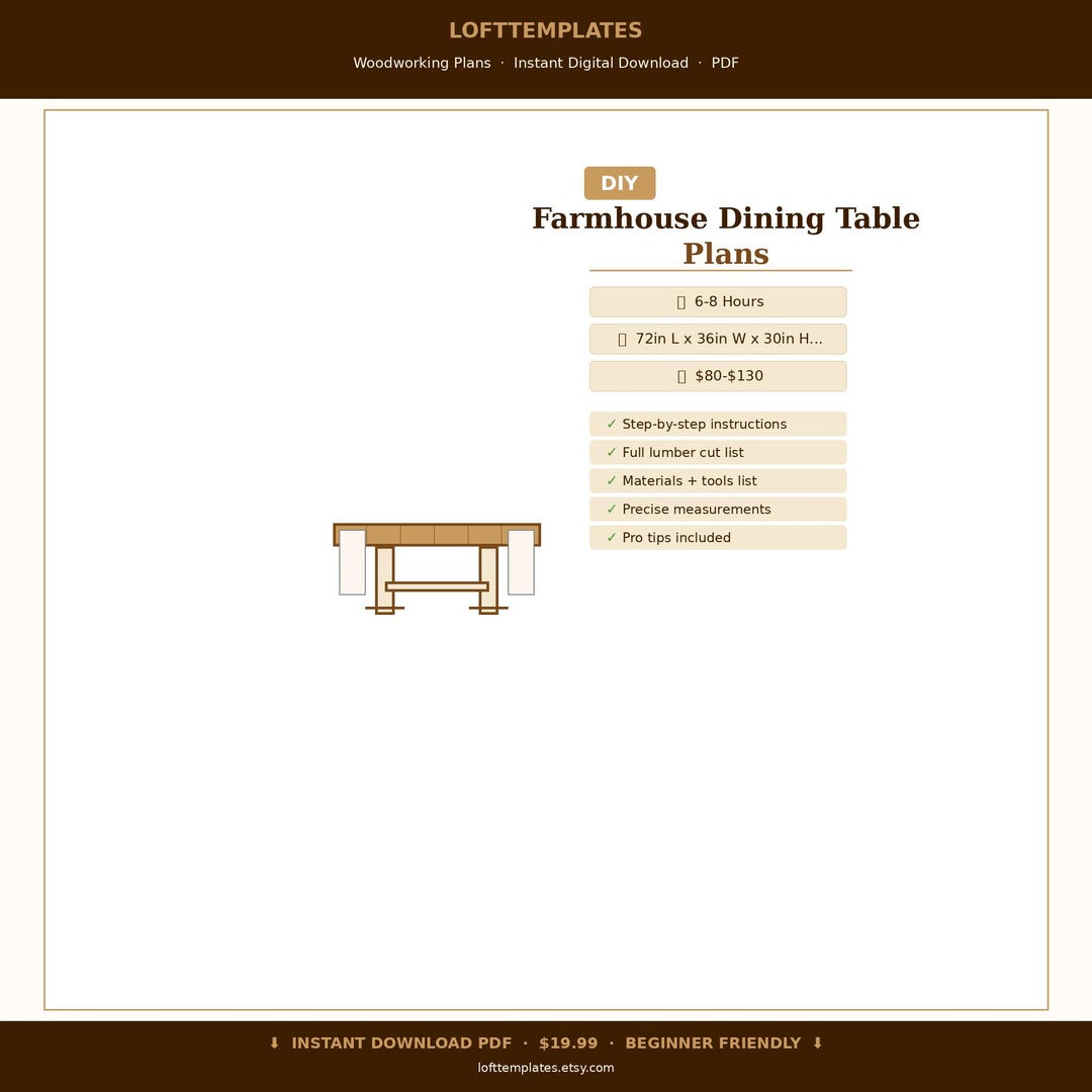 DIY Farmhouse Dining Table Plans Beginner Woodworking Kitchen Build PDF ...