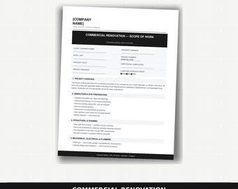 Plantilla de alcance de trabajo para renovación comercial / Documento para contratistas / PDF editable / Construcción de oficinas y locales comerciales