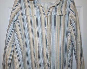 Vintage Selene Sport Damenbluse XL, pastellfarben gestreift, Leinenmischung