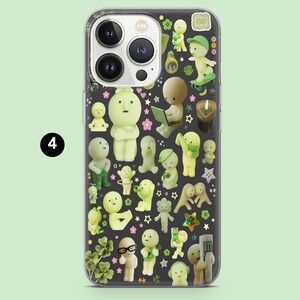 May include: Clear phone case with a dark gray background covered in small, whimsical, light green and beige figurines. The case has a clear border and a black number 4 in a circle.