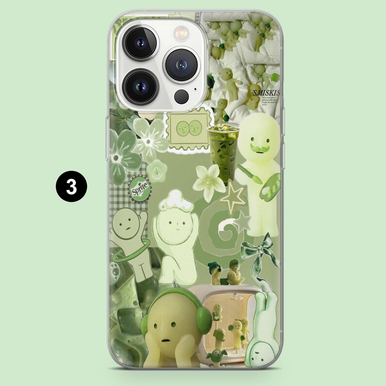 May include: A clear phone case with a collage of green and white images. The design includes cartoon figures, flowers, a drink, and the word "Sprite". The number "3" is in a black circle on the left side of the case.