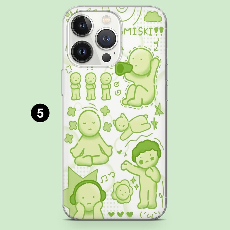 May include: Clear phone case with a green cartoon design. The case features various green illustrations of figures, stars, musical notes, and the text "MISKI!!". The number "5" is in a black circle on the left side of the case.