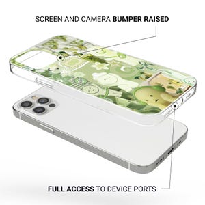 May include: A clear phone case with a green and white cartoon design. The case features a raised screen and camera bumper and full access to device ports. The design includes cartoon characters, flowers, and other decorative elements.
