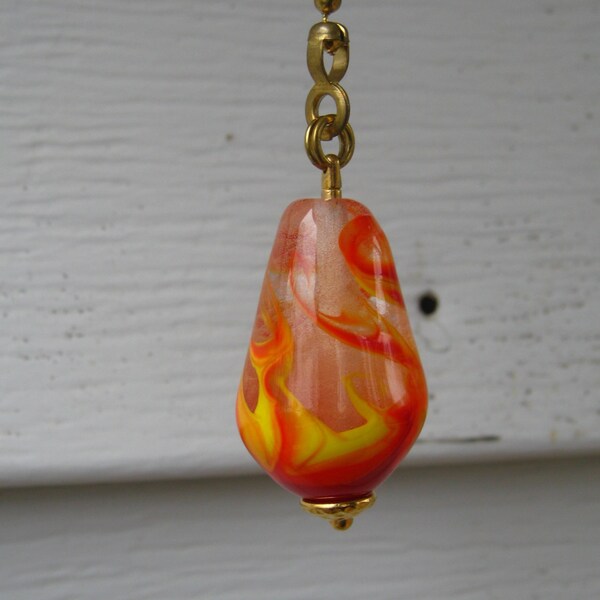 Fire Lampwork Glass Bead Ceiling Fan Pull or Light Pull with gold colored ball chain, Red, Yellow, Clear, Bubbles in Transparent, Flames