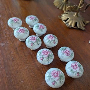 Vintage, 10 PIECES,  porcelain cabinet drawer knobs featuring a delicate pink rose floral pattern