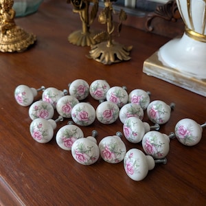 Vintage, 20 PIECES,  porcelain cabinet drawer knobs featuring a delicate pink rose floral pattern