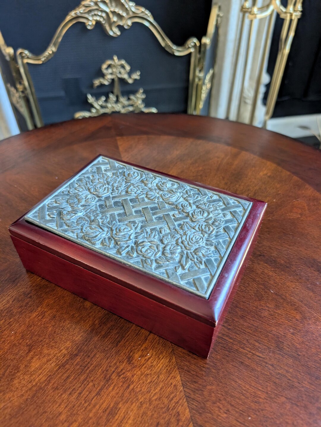 Vintage Wooden Rose Design Pewter Inlay Trinket Jewelry Box Felt Lined ...