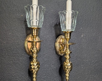 Vintage, Set of 2, Polished Brass Wall Candle Holder Sconce w/ Glass Votive 10"