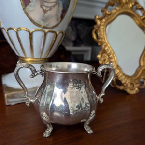 May include: A polished silver sugar bowl featuring two ornate, curved handles and three decorative feet. The bowl has a rounded, bulbous body with a smooth, reflective surface that captures light and surrounding shapes in its metallic finish.