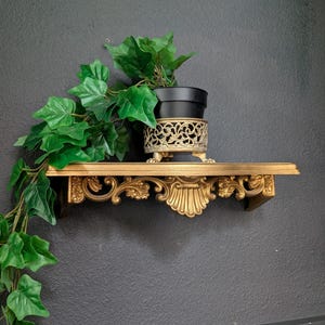 May include: A gold wall shelf with ornate scrollwork and a central shell motif. A black planter sits on the shelf, held by a matching gold filigree stand. A trailing green ivy plant cascades down the left side of the shelf against a dark wall.