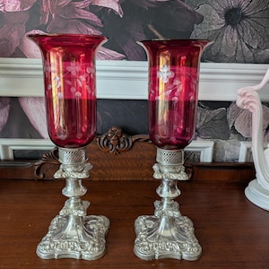 Vintage, Set of 2, Ornate Silverplate  Rococo Baroque Style Candlesticks Holders w/ cranberry glass