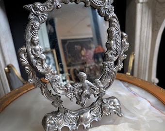 Vintage Silver Plated Dresser Tilt Mirror w/ Repousse Motifs, Art Nouveau Cherubs, 12.5" x 9"