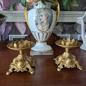 Vintage, Set of 2, Gold Hollywood Regency/ Rococo Cast Metal Footed Candle Holders, 4.5"