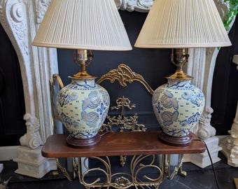 Vintage Chinoiserie Brass w/ Wood Base,  Blue and Green Design, Table Lamp, 21" x 13"