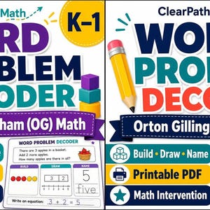 Könnte beinhalten: Lehrreiches, druckbares PDF für K-1 und die Klassen 2-3, mit "Word Problem Decoder" mit "Orton Gillingham (OG) Math". Enthält eine gelbe Bleistiftgrafik, bunte Blöcke und Beispiele für mathematische Probleme. Der Text enthält "Build, Draw, Name" und "Math Intervention".