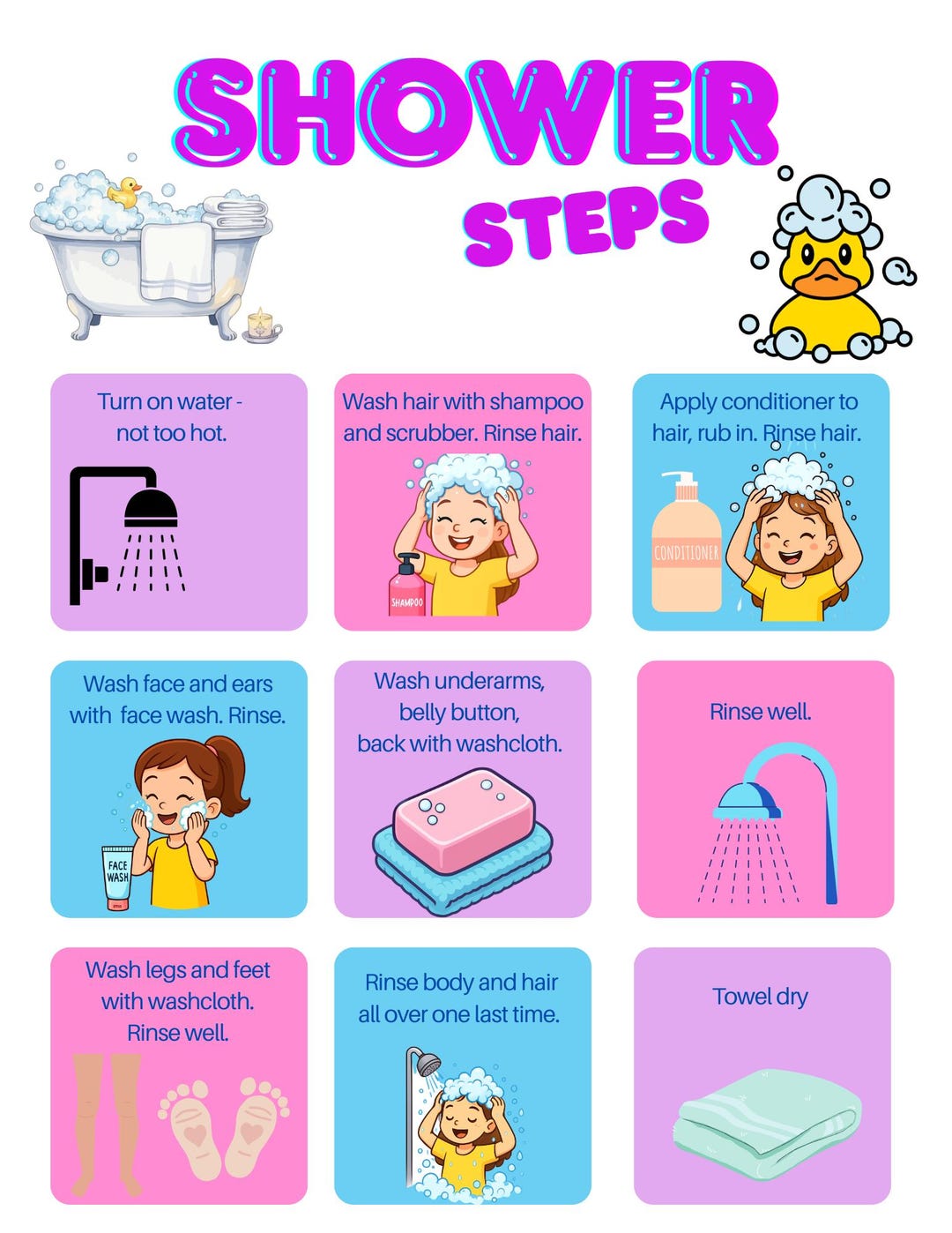 ADHD Kids Shower Routine Chart, Visual Schedule, Printable and Instant ...