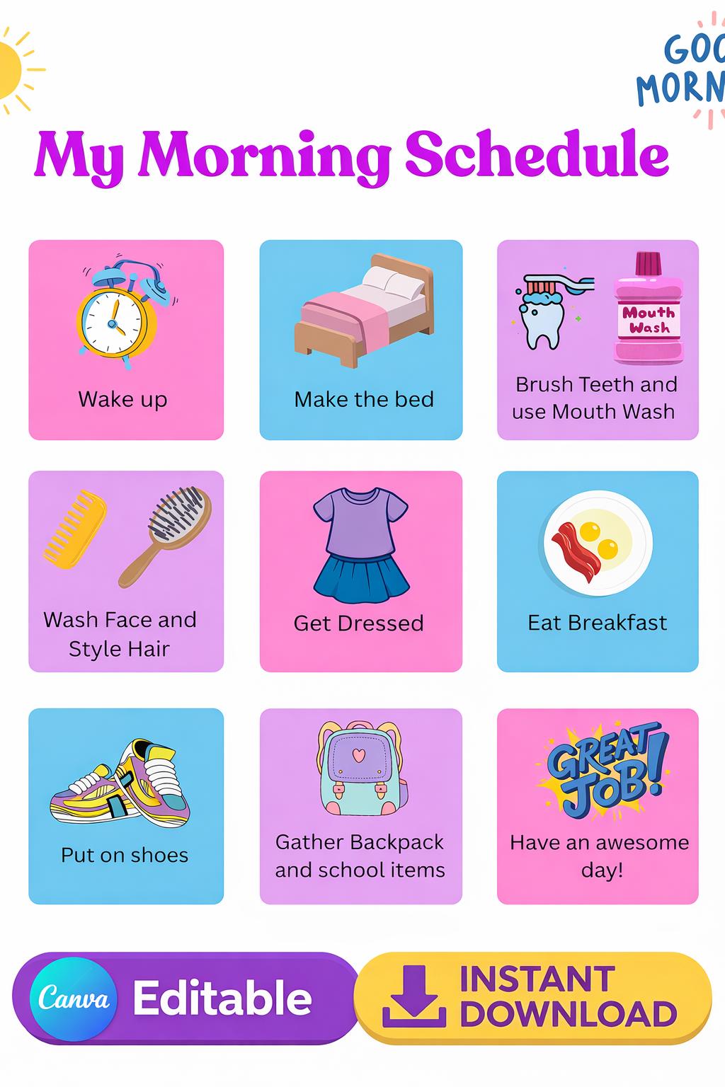 ADHD Kids Morning Routine Chart, Visual Schedule, Editable Canva ...