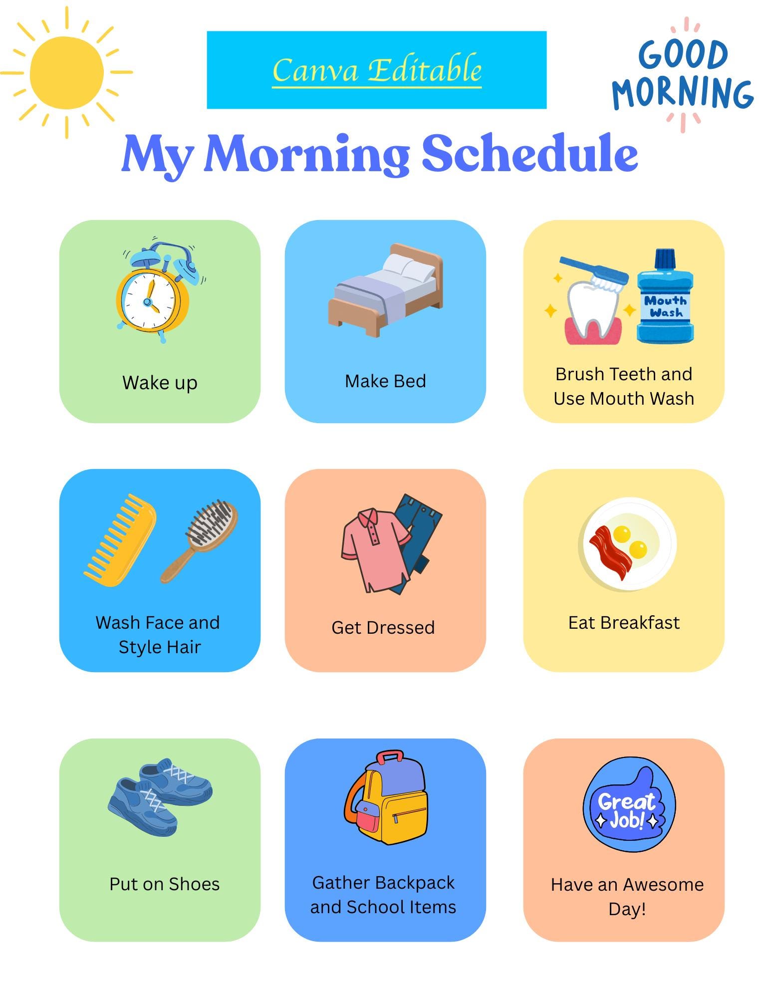 ADHD Kids Morning Routine Chart, Visual Schedule, Editable Canva ...