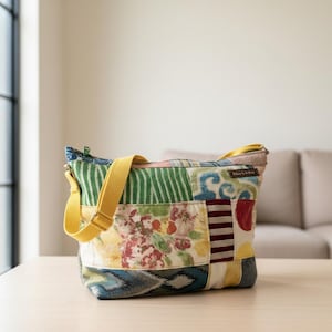 May include: A patchwork tote bag with a yellow shoulder strap. The bag features a variety of fabric patterns, including floral, striped, and geometric designs. The bag is sitting on a light-colored wooden surface.