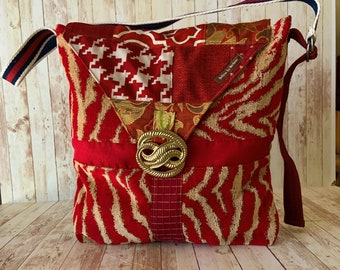 Recycled Fabric Crossbody Bag: Red & Gold Hobo Tote with Belt Buckle