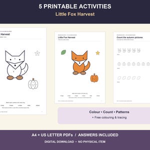 Könnte beinhalten: Ein Set aus 5 druckbaren Aktivitäten mit dem Titel Little Fox Harvest, bestehend aus Malvorlagen mit Fuchs, Blatt, Stern und Kürbis sowie einem Zähl-Arbeitsblatt. Der digitale Download enthält PDF-Dateien in A4 und US Letter mit Lösungen.