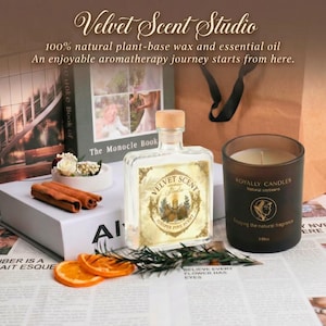 May include: An image featuring a clear glass bottle with a wooden stopper, labeled "Velvet Scent Studio". A dark candle in a glass jar and a book are also visible. The text reads "100% natural plant-base wax and essential oil".