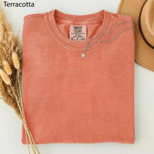 May include: A terracotta-colored Comfort Colors t-shirt with a crew neck, folded neatly. A silver necklace with a star pendant rests on the shirt. The shirt's tag is visible, and a brown hat is partially seen in the background.