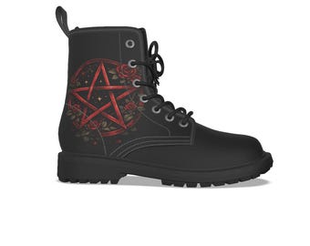 Gotiska Pentagram Rose Stridsstövlar, Häxiga Grunge Alt-skor, Punkiga Snörskor