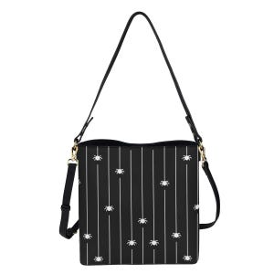 May include: A black shoulder bag featuring a vertical white pinstripe pattern with small white spider icons hanging from the lines. The bag has a solid black adjustable strap attached with gold-toned metal hardware clips on both sides of the top.