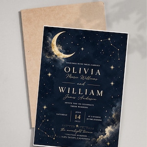May include: A rectangular wedding invitation card featuring a dark navy blue night sky background with a gold crescent moon, scattered stars, and constellations. The text reads Olivia Marie Williams and William James Anderson, June 14, 2025.