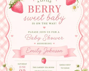 Personalized Strawberry Baby Shower Invitation Template| Pink Berry Sweet Baby Invite|