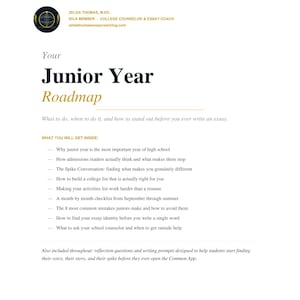 Puede incluir: Documento blanco titulado "Junior Year Roadmap" con texto que detalla consejos sobre ensayos universitarios y solicitudes. El documento incluye una lista de temas como la construcción de una lista de universidades y la evitación de errores comunes.